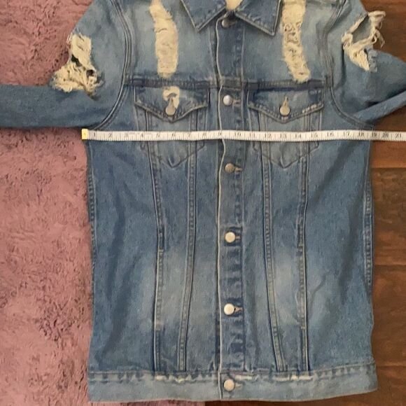 Lovers + Friends Factory Extensive Distressed Ripped Blue Denim Jacket Modern - Picture 11 of 16